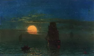 Ships in Moonlight by Albert Bierstadt - Hand-Painted Oil Painting Reproduction