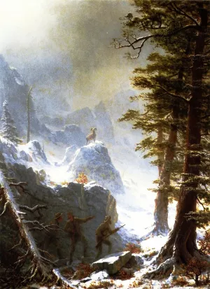 Three Hunters Stalking a Big Horn Sheep in a Snow Squall by Oil Painting Reproduction