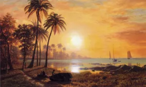 Tropical Landscape with Fishing Boats in Bay by Albert Bierstadt Oil Painting Reproduction